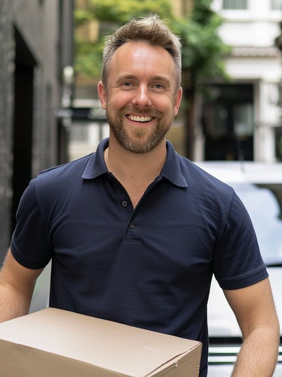 a manholding a cardboard box. He is standing in front of a white van on a residential street lined with brick houses in richmond uk