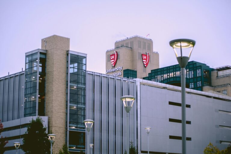 The facade of a large hospital in the concept of services and amenities in Richmond.